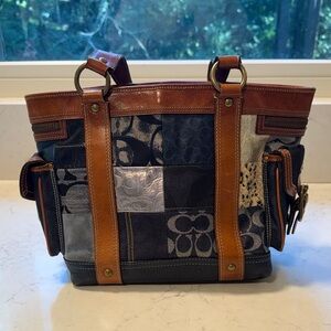 Coach Patchwork Tote in Blue and Brown